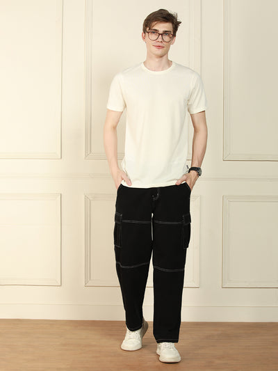 Men's Black Relaxed Fit Solid Cotton Lycra Stretchable Trousers