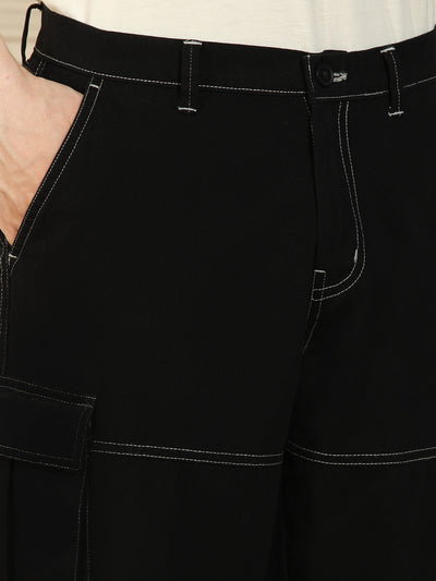 Men's Black Relaxed Fit Solid Cotton Lycra Stretchable Trousers