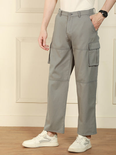 Men's Mid Grey Relaxed Fit Solid Cotton Lycra Stretchable Trousers