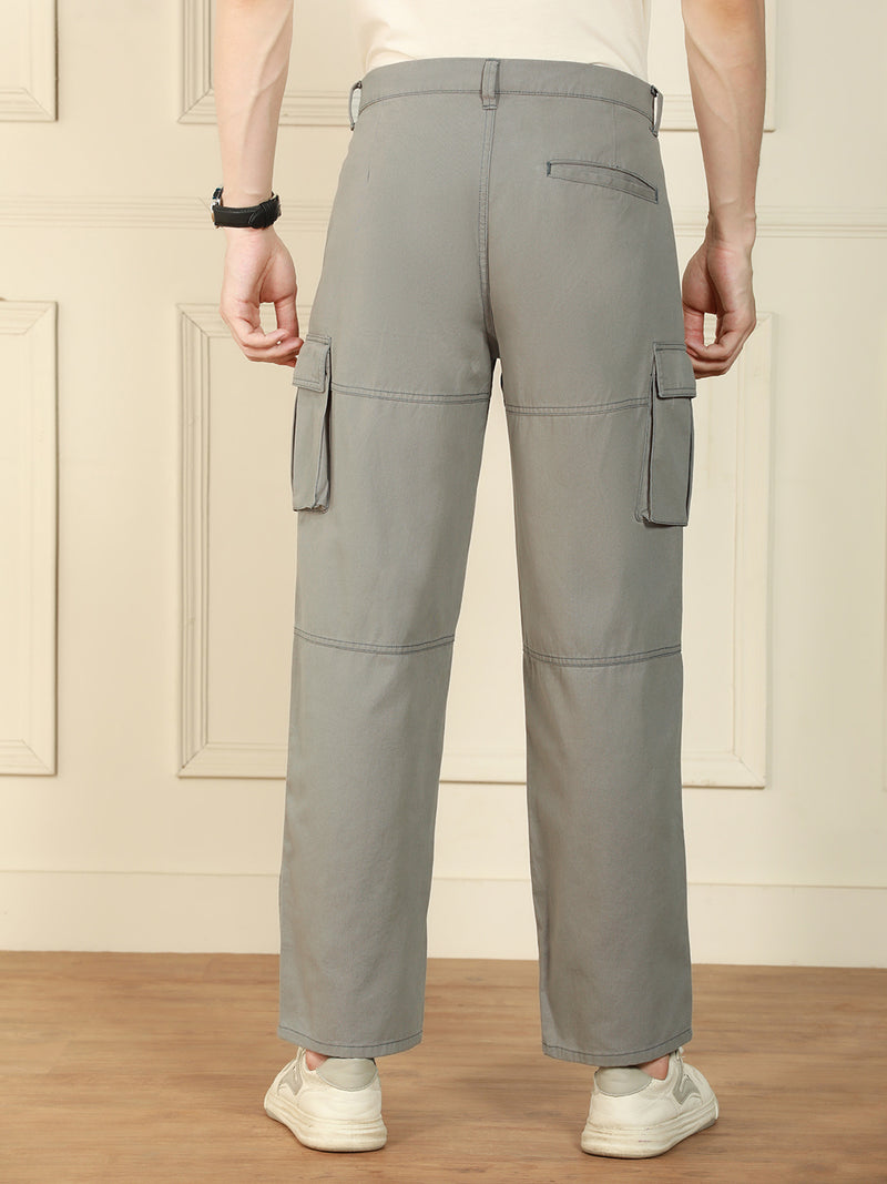 Men's Mid Grey Relaxed Fit Solid Cotton Lycra Stretchable Trousers
