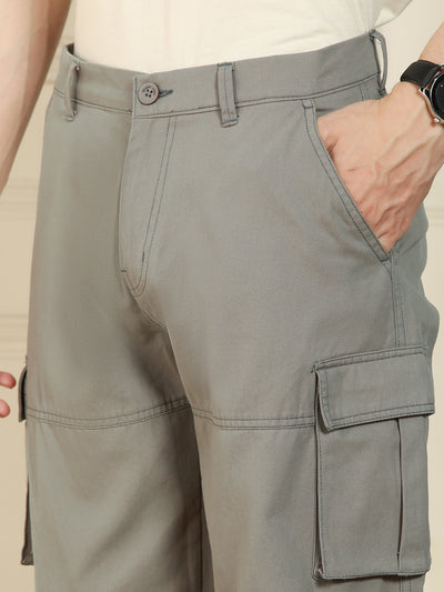 Men's Mid Grey Relaxed Fit Solid Cotton Lycra Stretchable Trousers