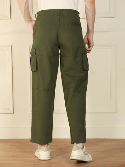 Men's Olive Relaxed Fit Solid Cotton Lycra Stretchable Trousers