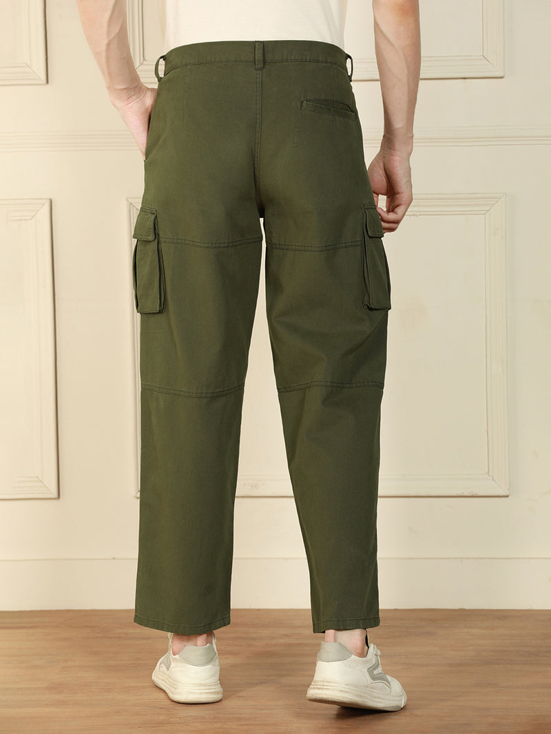 Men's Olive Relaxed Fit Solid Cotton Lycra Stretchable Trousers