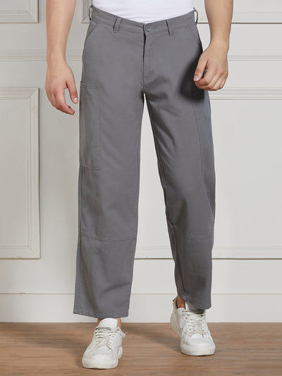 Men's Grey Cotton Lycra Solid Stretchable Relaxed fit Cargo Trousers