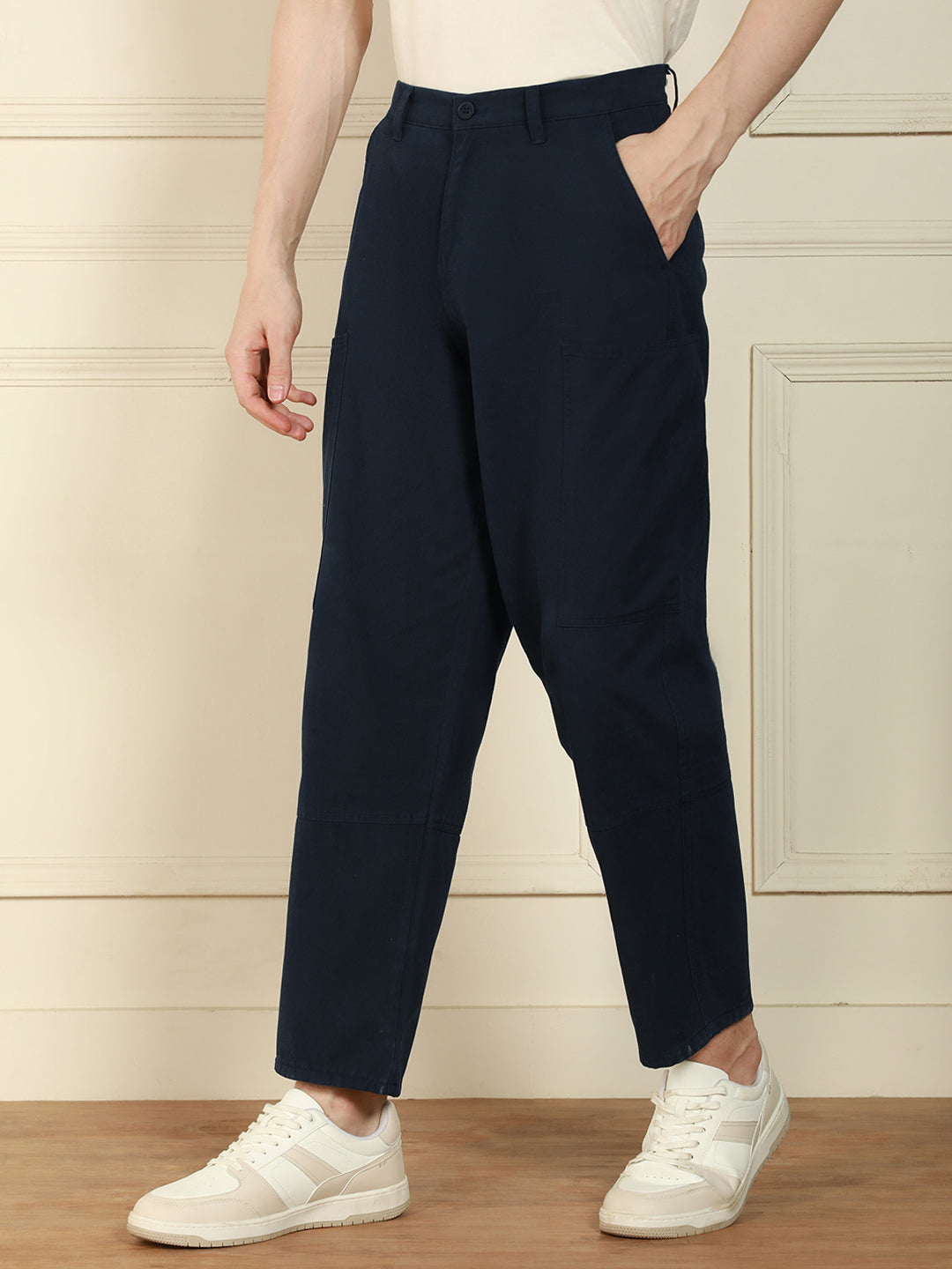 Men's Navy  Relaxed Fit Solid Cotton Lycra Stretchable Trousers