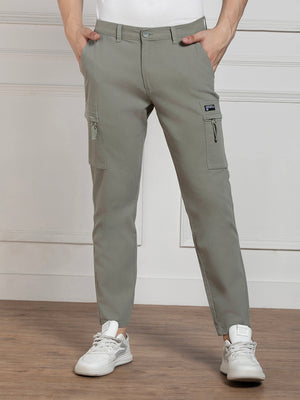 Men's Solid Sage Green Stretchable Cargo Trousers
