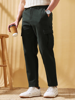 Men Olive Solid Straight Fit Cargo Trousers
