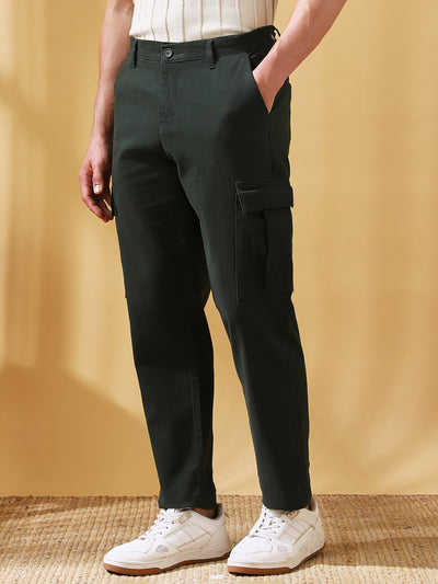 Men Olive Solid Straight Fit Cargo Trousers