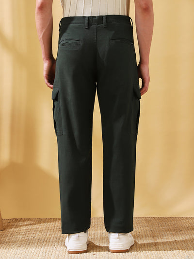 Men Olive Solid Straight Fit Cargo Trousers