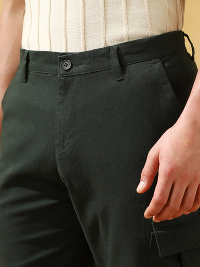 Men Olive Solid Straight Fit Cargo Trousers
