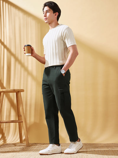 Men Olive Solid Straight Fit Cargo Trousers