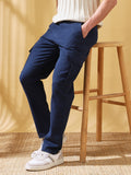 Men Dark Blue Solid Straight Fit Cargo Trousers
