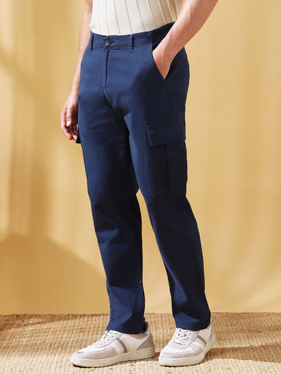Men Dark Blue Solid Straight Fit Cargo Trousers