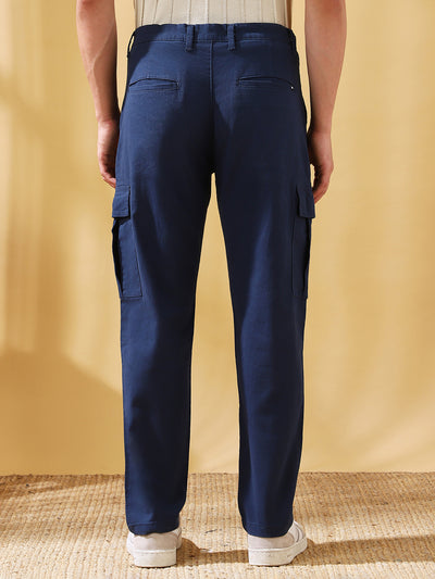 Men Dark Blue Solid Straight Fit Cargo Trousers