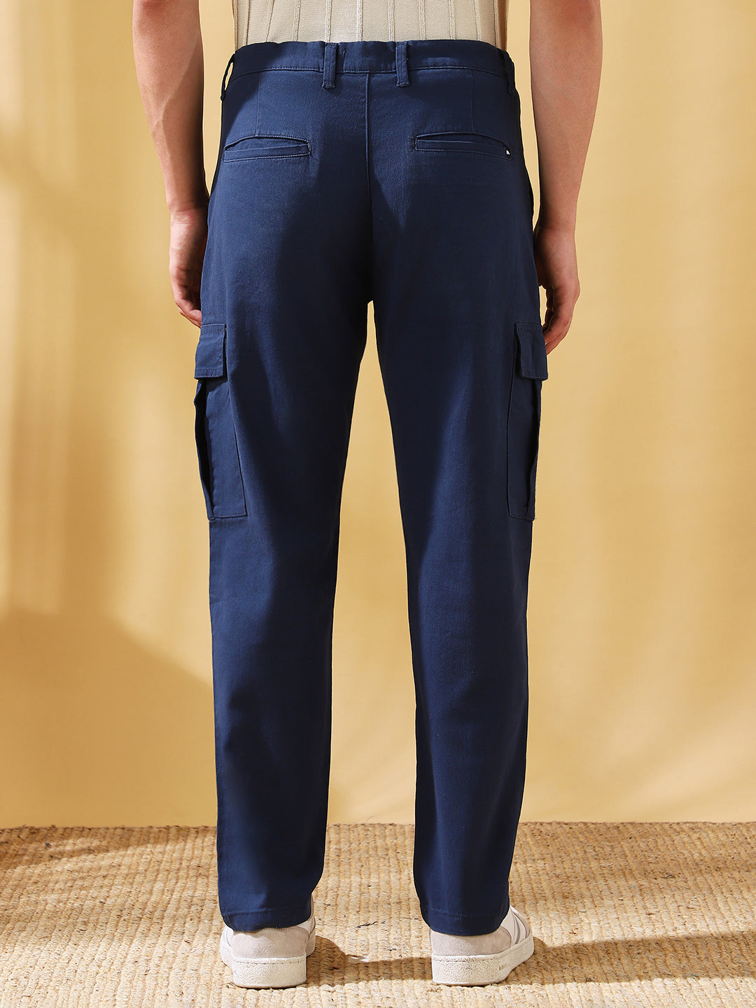 Men Dark Blue Solid Straight Fit Cargo Trousers