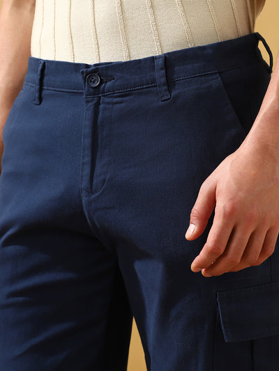Men Dark Blue Solid Straight Fit Cargo Trousers