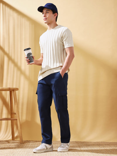 Men Dark Blue Solid Straight Fit Cargo Trousers