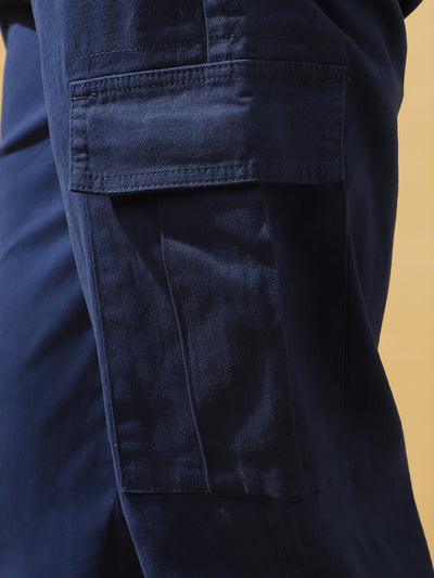 Men Dark Blue Solid Straight Fit Cargo Trousers