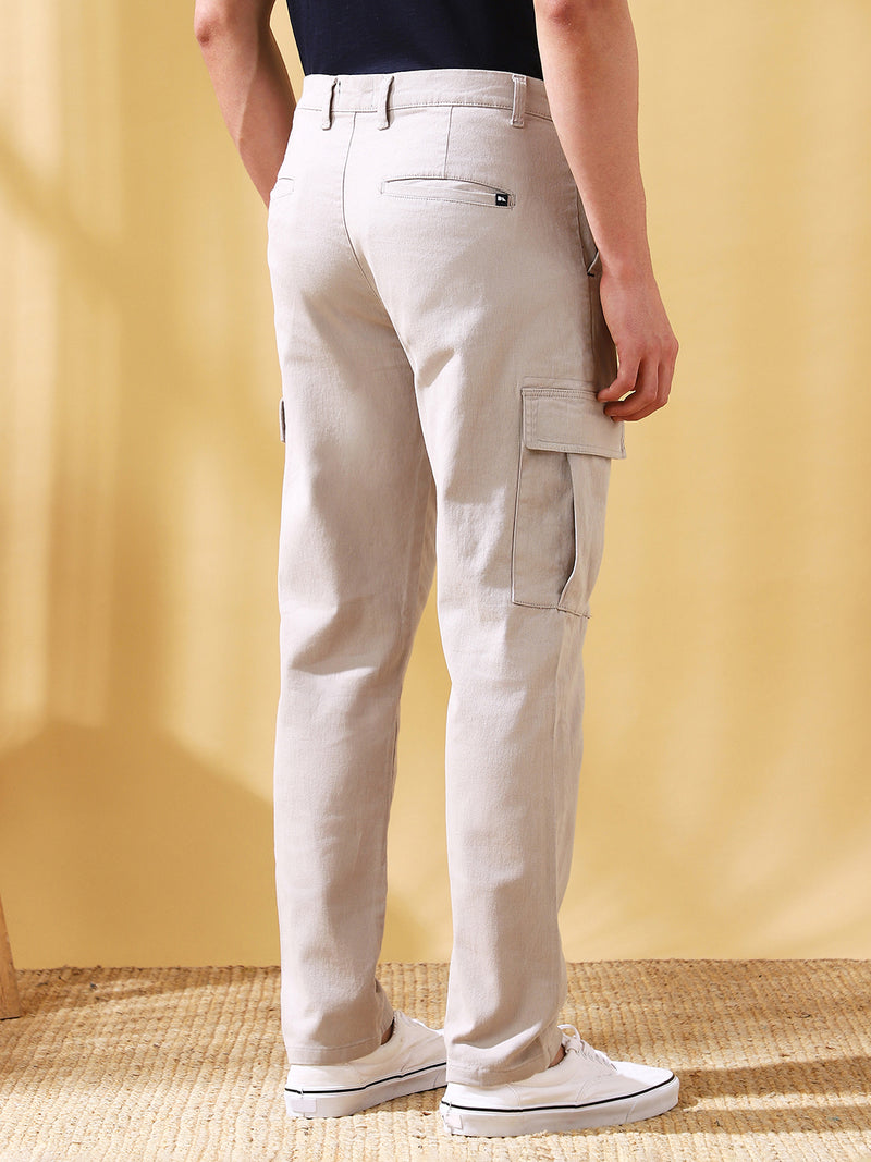 Men Grey Solid Straight Fit Cargo Trousers