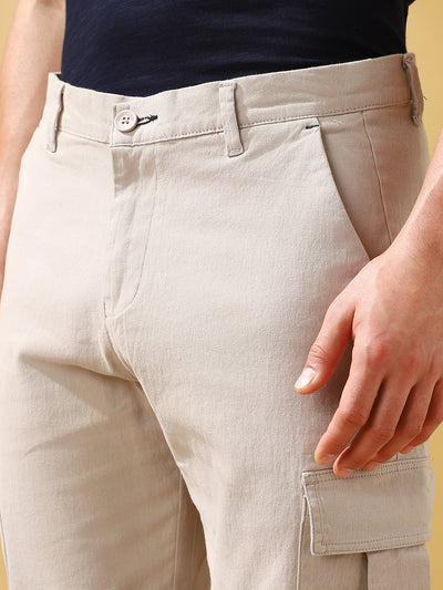 Men Grey Solid Straight Fit Cargo Trousers