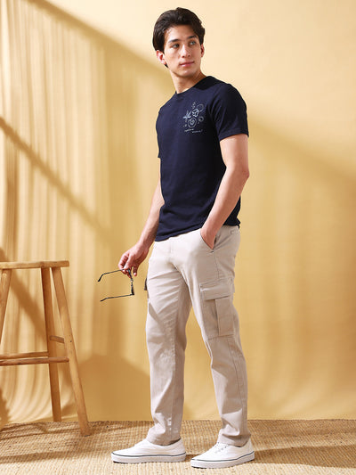 Men Grey Solid Straight Fit Cargo Trousers