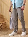 Men Cream Solid Straight Fit Parachute Cargo Trousers