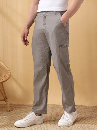 Men Cream Solid Straight Fit Parachute Cargo Trousers
