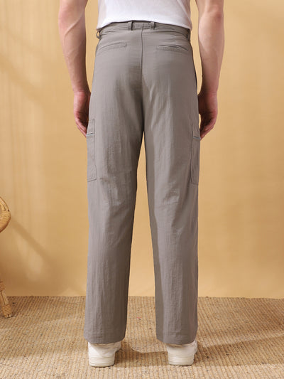 Men Cream Solid Straight Fit Parachute Cargo Trousers