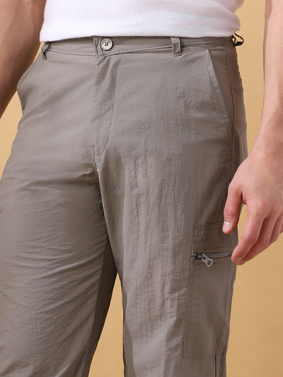 Men Cream Solid Straight Fit Parachute Cargo Trousers