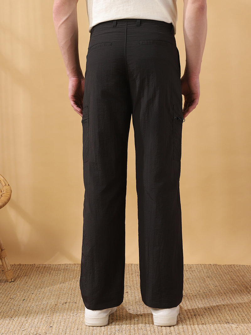 Men Solid Straight Fit Parachute Cargo Trousers