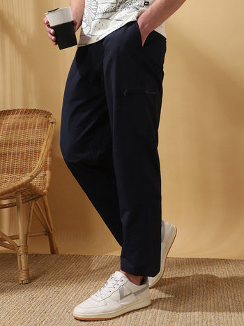 Men Navy Solid Straight Fit Parachute Cargo Trousers