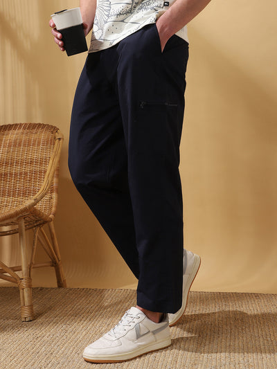 Men Navy Solid Straight Fit Parachute Cargo Trousers