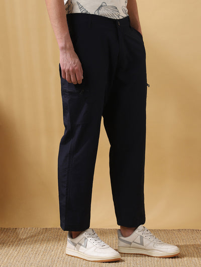 Men Navy Solid Straight Fit Parachute Cargo Trousers