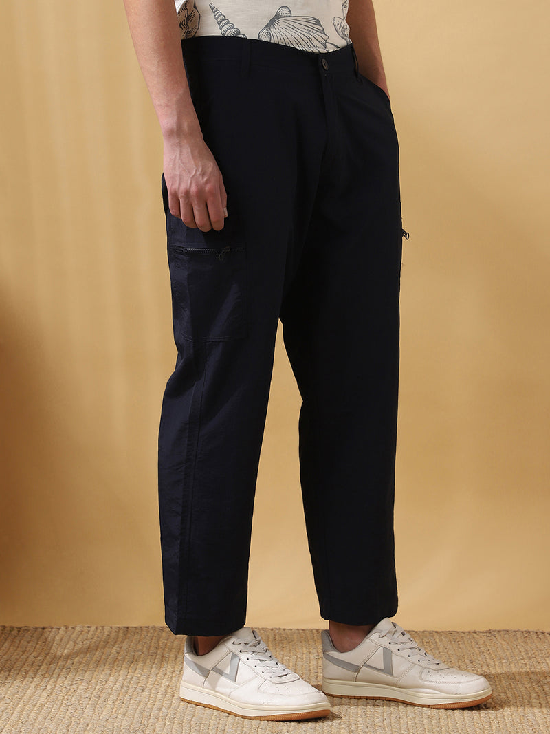 Men Navy Solid Straight Fit Parachute Cargo Trousers