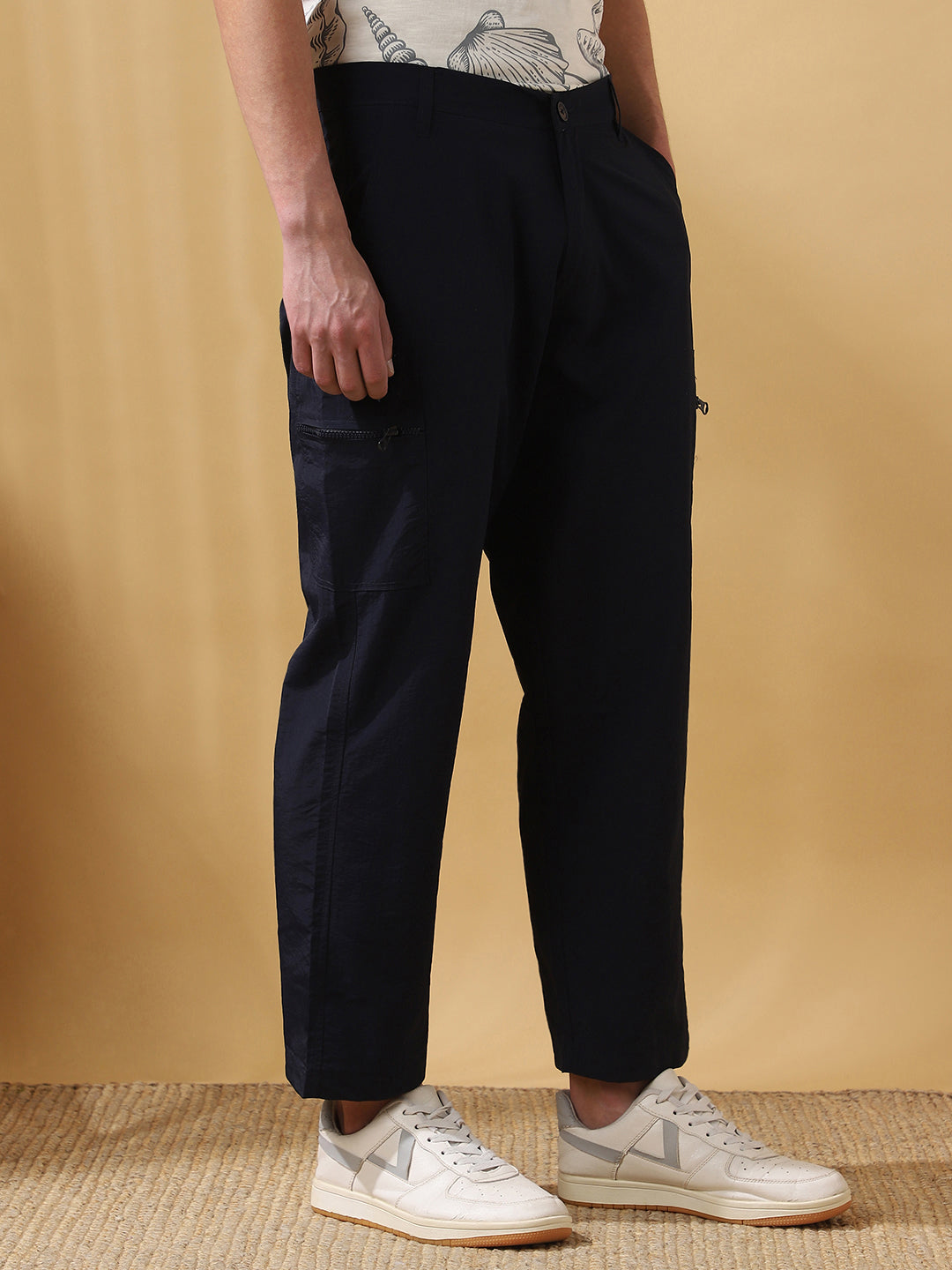 Men Navy Solid Straight Fit Parachute Cargo Trousers
