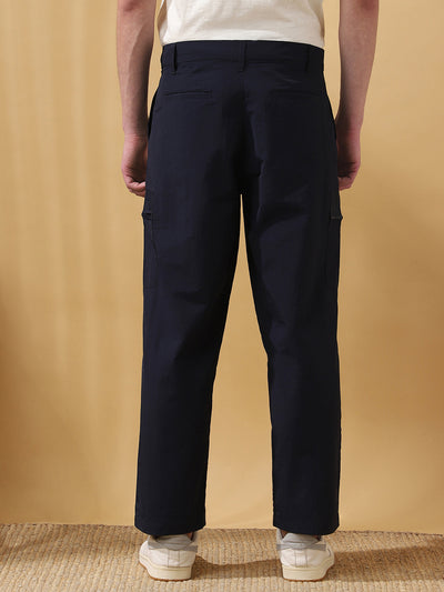 Men Navy Solid Straight Fit Parachute Cargo Trousers
