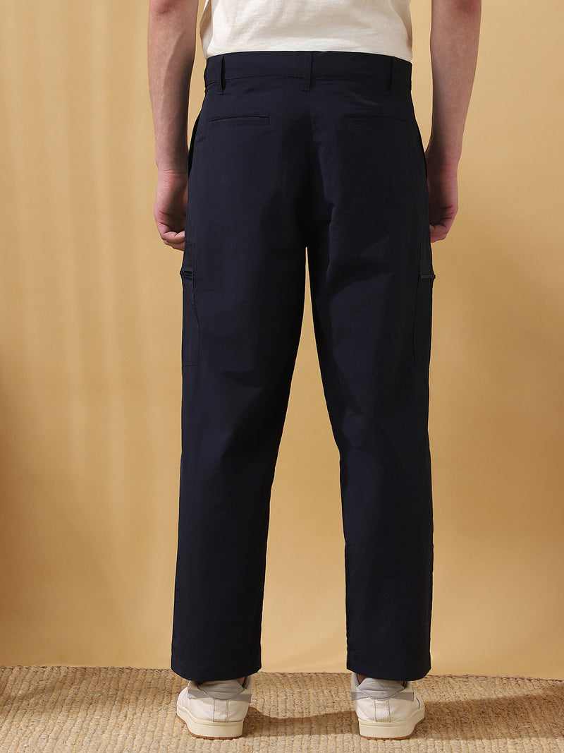Men Navy Solid Straight Fit Parachute Cargo Trousers