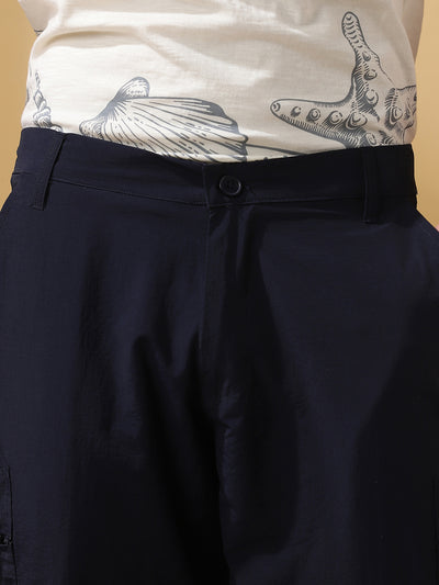 Men Navy Solid Straight Fit Parachute Cargo Trousers