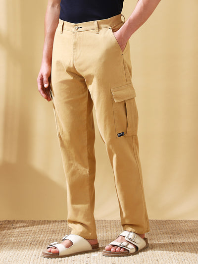 Men Khaki Solid Straight Fit Cargo Trousers