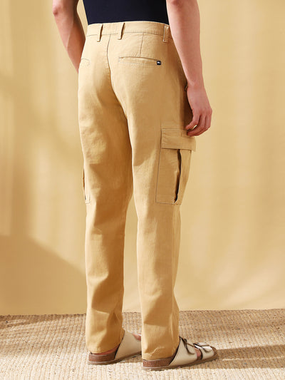 Men Khaki Solid Straight Fit Cargo Trousers