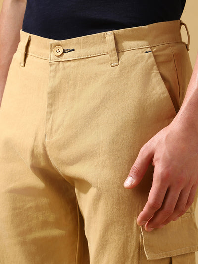 Men Khaki Solid Straight Fit Cargo Trousers