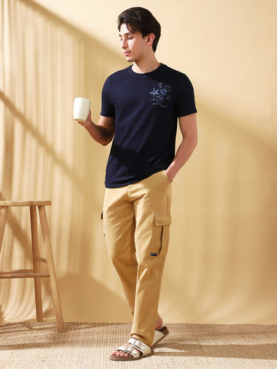 Men Khaki Solid Straight Fit Cargo Trousers
