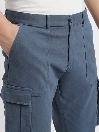 Men's Denim Blue Solid Cargo Trousers