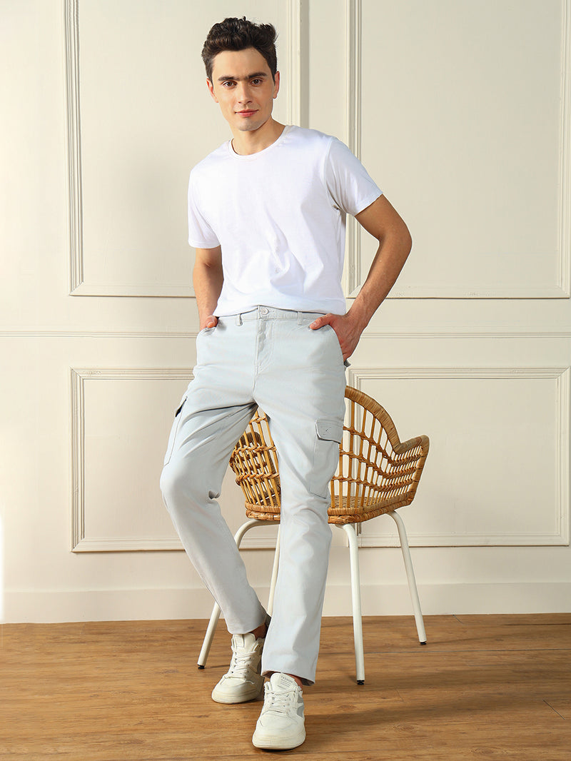 Men's Light Grey Solid Stretchable Cargo Trousers