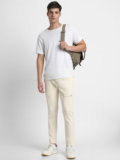 Mens's Cream Solid Cargo Trousers