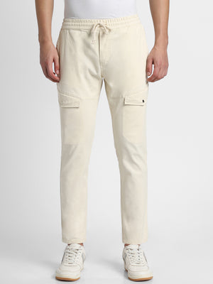 Mens's Cream Solid Cargo Trousers