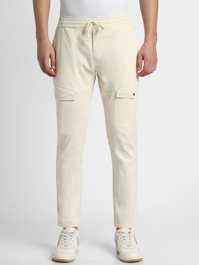 Dennis Lingo Mens's Cream Solid Cargo Trousers