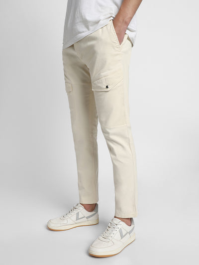 Mens's Cream Solid Cargo Trousers
