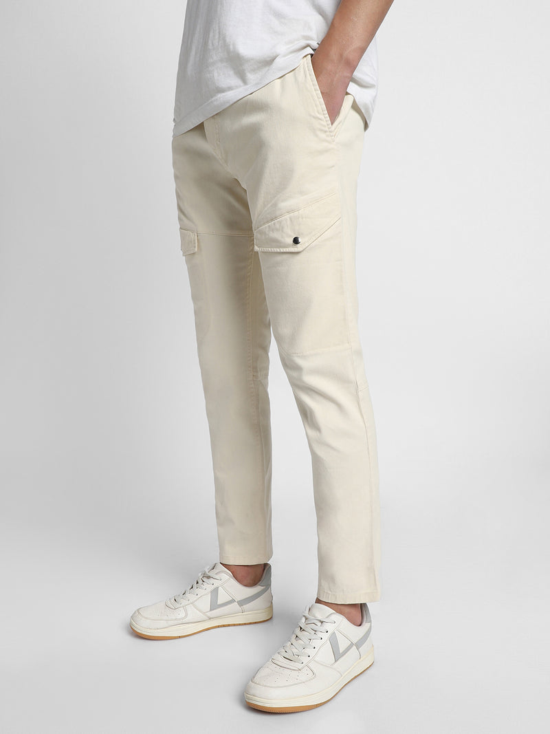 Mens's Cream Solid Cargo Trousers
