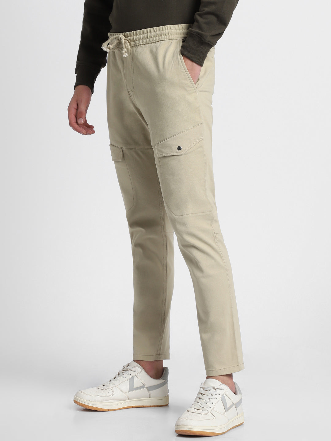 Dennis Lingo Mens's Light Khaki Solid Cargo Trousers